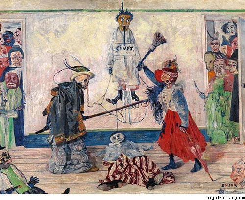 ジェームズ・アンソール『首吊り死体を奪い合う骸骨たち』1891年 アントワープ王立美術館